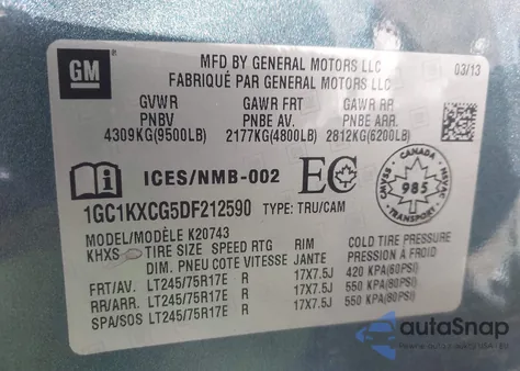 2013 Chevrolet Silverado 2500Hd Lt из США, поврежденный, VIN 1GC1KXCG5DF212590